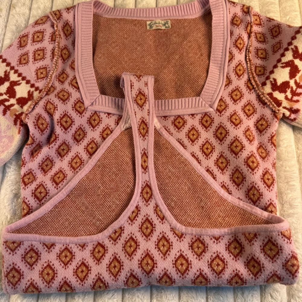 Free People Snow Bunnies Square Neck Bodysuit Pink Fair Isle Sweater XS - Picture 8 of 10